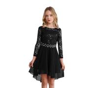 iEFiEL Vestito Bambina Cerimonia Lungo Elegante Chiffon Stile Impero Vestito da Sera Manica Lunga Ricamo Pizzo Abito da Damigella Ragazza Matrimonio Sposa Compleanno Nero C 11-12 Anni