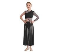 iEFiEL Vestito Danza Classica Moderna per Ragazza Monospalla Patchwork Abito da Ballo Lirico Latino Balletto in Rete Body da Pattinaggio Tango Valzer Saggio Nero 11-12 Anni