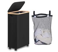 iEGrow Cesto Portabiancheria 75L con Coperchio, Cesto Biancheria Sporca con Ruote e Manico di Bambù, Cesta Panni Sporchi con Borsa Interna Rimovibile e Lavabile per Bagno Camera (Nero)