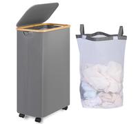 iEGrow Cesto Portabiancheria 75L con Coperchio, Cesto Biancheria Sporca con Ruote e Manico di Bambù, Cesta Panni Sporchi con Borsa Interna Rimovibile e Lavabile per Bagno Camera (Grigio)