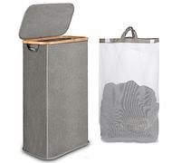 iEGrow Portabiancheria Salvaspazio 60L, Cesto Portabiancheria con Borsa Interna Rimovibile e Lavabile, Portabiancheria in Bambù, Portabiancheria Pieghevole per Lavanderia, Camera da Letto (Grigio)