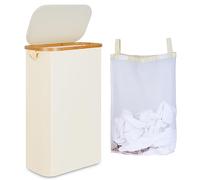 iEGrow Portabiancheria Salvaspazio 60L, Cesto Portabiancheria con Borsa Interna Rimovibile e Lavabile, Portabiancheria in Bambù, Portabiancheria Pieghevole per Lavanderia (Beige)