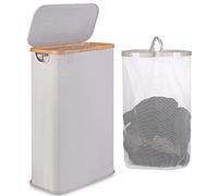 iEGrow Portabiancheria Salvaspazio 60L, Cesto Portabiancheria con Borsa Interna Rimovibile e Lavabile, Portabiancheria in Bambù, Portabiancheria Pieghevole per Lavanderia (Grigio chiaro)