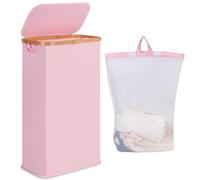 iEGrow Portabiancheria Salvaspazio 60L, Cesto Portabiancheria con Borsa Interna Rimovibile e Lavabile, Portabiancheria in Bambù, Portabiancheria Pieghevole per Lavanderia, Camera da Letto (Rosa)