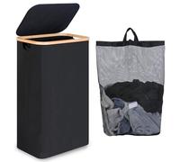 iEGrow Portabiancheria Salvaspazio 75L, Cesto Portabiancheria con Borsa Interna Rimovibile e Lavabile, Portabiancheria in Bambù, Portabiancheria Pieghevole per Lavanderia (Nero)