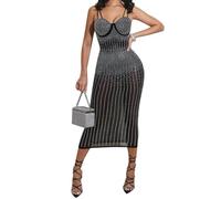 Ieron Abito a Rete da Donna Coprispalle Trasparenti con Strass - Forma Trasparente Beauty Glitter Elegante per Feste Speciali - Nero, L