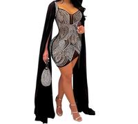 Ieron Abito da Donna in Rete con Scialle Coprispalle Trasparenti con Strass Abito a Forma Trasparente Bellezza Glitter Elegante Abito da Notte per Feste Giorni Speciali - Argento e Nero, L