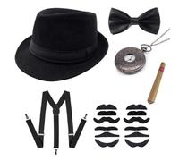Ieron Set di Accessori per Travestimenti da Festa: Cappello a Bombetta da Gangster Bandito, Fascia, Papillon, Sigaro Modello, Orologio da Tasca e Baffi per Il Classico Costume degli Anni '20