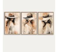 IEUUUB Ritratto astratto di donna con cappello, dipinto su tela, stampa poster, quadro da parete per soggiorno, arredamento moderno per la casa, 30x50 cm (12x20 pollici) x3 con cornice