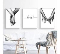 IEUUUB Stampa artistica da parete in bianco e nero, motivo: Dolce amore, su tela, minimalista, mano nella mano, per soggiorno, camera da letto, 30x50 cm (12x20 pollici) x3 con cornice.