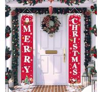 iEventStar Cartello natalizio per portico anteriore, striscione natalizio rosso con scritta "Merry Christmas", decorazione da parete per porta (cartello per portico di buon Natale, 30,5 x 180,3 cm)