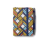 IF Bookaroo - Taccuino formato A7 tascabile e borsa con penna a sfera nera, 192 pagine, blu navy e giallo, motivo geometrico