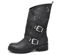 IF Fashion Scarpe da Donna Stivali Stivaletti Biker Forati Fibbie Anfibi Polpaccio Largo WZ688-66 Nero 36