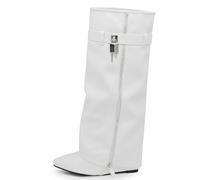 IF FASHION Stivali Alti A Punta Gambale A Ghetta Con Zeppa Zip Cerniera Luchetto Da Donna G690 Bianco N.39