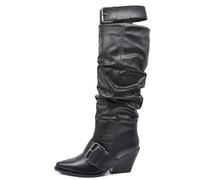 IF Stivali Texani Western alti donna con punta affusolata e gambale arricciato tacco a cono e cinturino largo rimovibile GA043 nero N.38