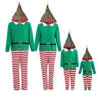 IFFEI Set di pigiama natalizio per famiglie, set di pigiama a righe con cappuccio, biancheria da notte Babbo Natale, elfo, verde, XL
