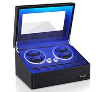 iFregga Caricatore per orologi, 4 caricatori automatici per orologi Mabuchi + 6 scomparti extra con retroilluminazione blu serenity, custodia in pelle morbida fodera in velluto, coperchio aperto Stop