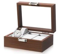 ifundom Scatola per Orologi in Legno Massello con Venature Naturali Espositore Porta Orologi da Tavolo con 3 Scomparti e Coperchio a Finestra Organizer Protettivo con Fodera in Velluto