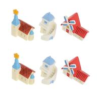 ifundom Set 6 Statuette da Giardino in Miniatura in Resina - Mini Casette Decorative Blu e Bianche Mulino e Chiesa a Stelle - Accessori Paesaggio per Casa delle Fate e Decorazioni