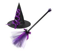 ifundom Set Costume Halloween Cappello da Strega e Scopa Decorativa Viola, Accessori Cosplay per Feste e Riunioni a Tema, Cappelli da Mago di Halloween Leggeri e Comodi