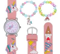 ifundom Set Orologio al Quarzo e Braccialetti per Bambine Ciondoli Unicorno e Perline Cuore Cinturino Colorato e Leggero per Uso Quotidiano Feste e Scuola