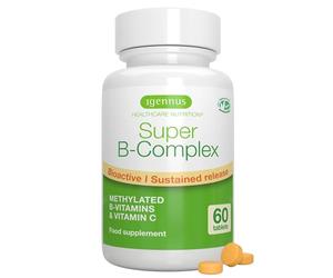 Igennus Super B - Vitamina B Complex Metilato ad Alto Dosaggio, Spettro Completo Vitamine B con Metilfolato, B12 Meticobalamina e Vitamina C, 60 Compresse Vegane, Ingredienti Puri e Puliti