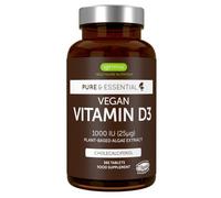 Pure & Essential Vitamina D3 Vegana 1000iu Colecalciferolo fornitura per 1 anno| Estratto naturale e vegetale di alghe | 365 compresse