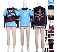 IGHSNZUH Gioco Tears of The Kingdom Link Costume Cosplay Vestito Uniforme Blu Mantello Set Completo Festa di Carnevale di Halloween Abito con Orecchini Finti for Orecchie for Uomini Ragazzi(S)