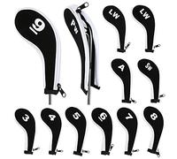 IGNPION Set di 12 copritesta per mazze da golf, con stampa numerata, per mazze da golf, collo lungo, con cerniera (nero + bianco)