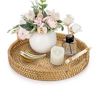 IGNPION Vassoio da portata rotondo in rattan intrecciato, 24,5 cm, vassoio decorativo con manico, vassoio organizer da scrivania per cassetto, bevande, colazione, tè, candele