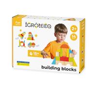Igroteco® Set di 14 blocchi universali in legno naturale, colori certificati, durevoli, creativi e sicuri, con 15 idee di costruzione, regalo per bambini dai 2 anni in su