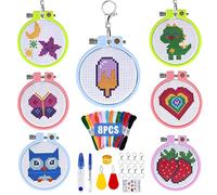 IGUGI Kit da ricamo per principianti per bambini da 7 a 13 età, kit per punto croce per bambini con 8 ricami di materiale e 8 portachiavi per lavori artigianali