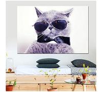 IGZAKER Cartoon Animal Pictures Cat with Glasses Wall Pictures for Living Room Black and White Art Print on Canvas - 50 x 70 cm Without Frame