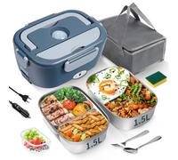 ihakason Scaldavivande Elettrico Portatile 65W, 3 in 1 Lunch Box Termico, 2 Contenitori Rimovibili in Acciaio Inossidabile, 12V/24V/220V, Porta Pranzo Termico per Auto e Ufficio (Grigio, 1,5L)