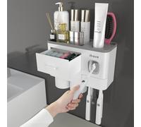 iHave Porta Spazzolino Bagno, 2 Tazze Portaspazzolini da Bagno con Dispenser per Dentifricio, Porta Spazzolini con Vassoio Grande Capacità e Cassetto Cosmetico, Bianco