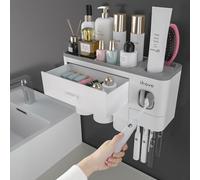 iHave Porta Spazzolino Bagno, 3 Tazze Portaspazzolini da Bagno con Dispenser per Dentifricio, Porta Spazzolini con Vassoio Grande Capacità e Cassetto Cosmetico, Bianco
