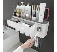iHave Porta Spazzolino Bagno, 4 Tazze Portaspazzolini da Bagno con Dispenser per Dentifricio, Porta Spazzolini con Vassoio Grande Capacità e Cassetto Cosmetico, Bianco