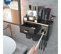iHave Porta Spazzolino Elettrico da Muro con Dispenser Dentifricio e 2 Bicchieri - Design Nero e Oro di Lusso per l'Arredo del Bagno, Organizer Bagno Tutto-in-Uno per Spazzolini e Accessori
