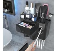 iHave Porta Spazzolino Elettrico da Muro con Dispenser Dentifricio e 2 Bicchieri - Design Nero Puro per l'Arredo del Bagno, Organizer Bagno Tutto-in-Uno per Spazzolini e Accessori