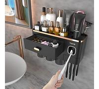 iHave Porta Spazzolino Elettrico da Muro con Dispenser Dentifricio e 3 Bicchieri - Design Nero e Oro di Lusso per l'Arredo del Bagno, Organizer Bagno Tutto-in-Uno per Spazzolini e Accessori
