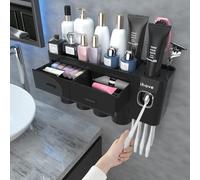 iHave Porta Spazzolino Elettrico da Muro con Dispenser Dentifricio e 4 Bicchieri - Design Nero Puro per l'Arredo del Bagno, Organizer Bagno Tutto-in-Uno per Spazzolini e Accessori