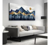 IHHGNB Quadro su tela, decorazione da parete, dipinto su tela, paesaggio naturale, stampe, opera d'arte, blu indaco e oro, foresta di montagna (50x100 cm/20x39 pollici/senza cornice)