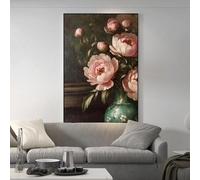 IHHGNB Stampa artistica su tela floreale vintage, poster con pianta di campagna, dipinto a olio, fiore rosa in un vaso, decorazione da parete, 60x80 cm (24x31 pollici) senza cornice