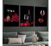 IHHGNB Stampa su tela, pittura decorativa, bicchieri da vino e rose, decorazione da parete per enoteca, arte moderna di lusso (50x70 cm (20x28 pollici) x3)