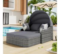 IHO SOFA Sunisole - Set salone da giardino, in rattan PE con baldacchino regolabile, per tutte le stagioni, in vimini, doppio salone con 4 cuscini e federa rimovibile per giardino, piscina