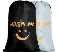 IHOMAGIC 2Pack Sacchi da Biancheria, Grandi Sacchetto di Lavaggio Coulisse Pieghevoli Borsa da Lavanderia Viaggio Cesta Biancheria Sacco Corda Sorridente d'oro per Camera Apartamento, Argento/Nero