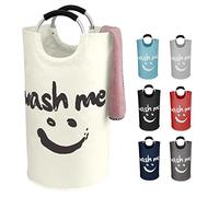 IHOMAGIC 95L Ceste per la Biancheria con Manico - Portabiancheria Pieghevole Salvaspazio con Smiley Pattern, Portabiancheria Facile da Trasportare, Cestino Portabiancheria per Dormitorio (Beige)