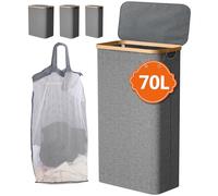 IHOMAGIC Cesto Portabiancheria Sporca per Bagno 70L, Portabiancheria Salvaspazio con Coperchio, Cesta Portabiancheria Pieghevole con Manici e Borsa Interna, Cesta Panni Sporchi per gli Angoli, Grigio