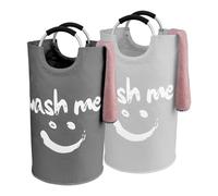 IHOMAGIC Set di 2 Ceste per la Biancheria con Manico 95L, Portabiancheria Pieghevole con Smiley, Cesto Biancheria Sporca, Cestino Portabiancheria per Dormitorio (Grigio Chiaro/Grigio Scuro)