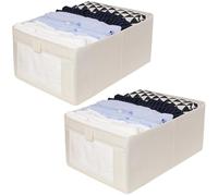 IHOMAGIC Set di 2 Organizer Armadio Impilabile, Contenitori Vestiti Pieghevole con Finestra Trasparente, Scatole Portaoggetti Multifunzionale per Intimo, Libri, Snack, Beige